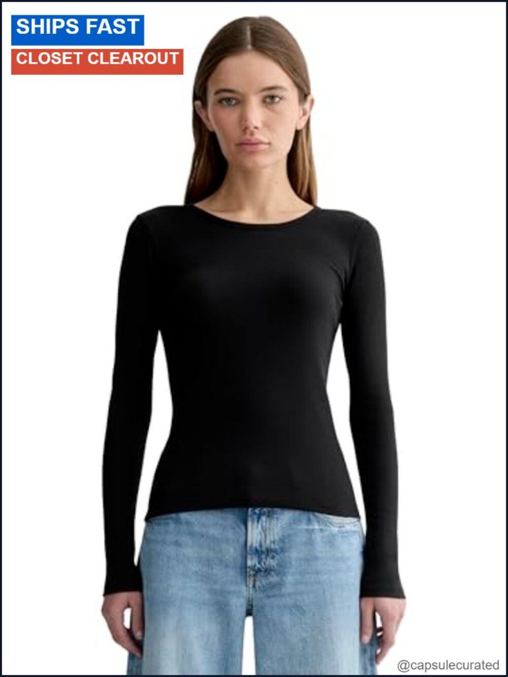 Long Sleeve Ribbed Crew Neck Top Supima Cotton Slim Fit Layering Tee